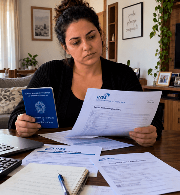 Mulher analisando a carteira de trabalho e documentos do INSS em casa